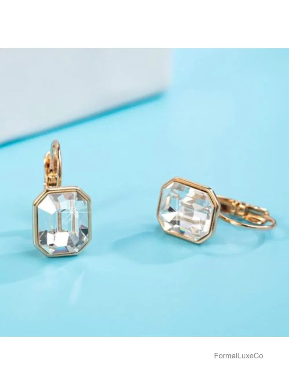 Austrian Crystal Octagon Leverback Drop Earrings 14K Rose Gold Plated